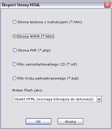 Umieszczanie strony www w internecie Zapisz ukończoną stronę przy pomocy polecenia Plik Zapisz. Następnie wybierz Plik Eksport strony HTML i wybierz opcję Strona WWW i kliknij OK.