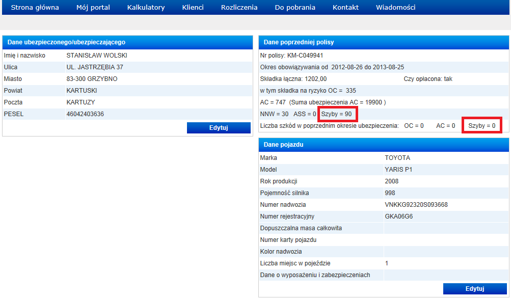 Jeżeli Klient chce kontynuować w InteRrisk ryzyko Szyby należy zaznaczyć check-box Kontynuacja/wznowienie.