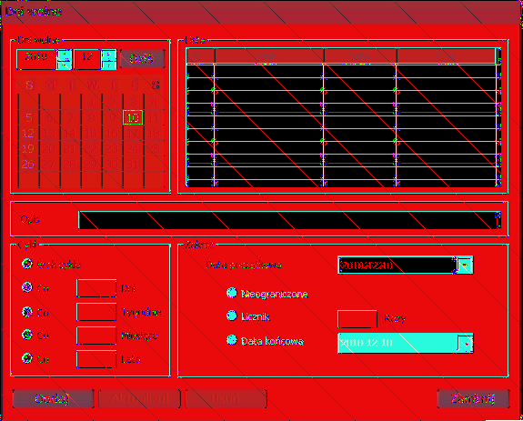 Konfiguracja Dni wolne Istnieje możliwość określenia dni wolnych i aktywowania w nie planowanego nagrywania. Ustawić można również cykl wykonywania i okres dla każdego dnia wolnego.