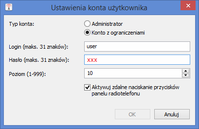 Dodając konto użytkownika wyświetli się okno przedstawione na rysunku poniżej.