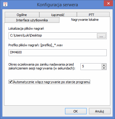 W oknie Konfiguracja serwera w zakładce Nagrywanie lokalne wybieramy lokalizację plików nagrań, nadajemy prefiks