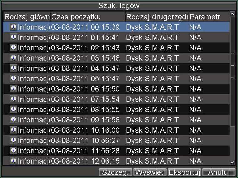 Rys. 11-I. Przeszukiwanie dziennika zdarzeń b) Na pozycji Rodzaj główny z listy opcji wybrać Informacje. c) Na pozycji Rodzaj drugorzędny z listy opcji wybrać Dysk S.M.A.R.T.