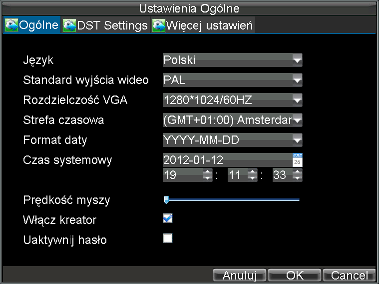 12. System 12.1. Parametry systemowe 12.1.1. Parametry główne Ustawienia ogólne takie jak data/czas, strefa czasowa, standard wizyjny (PAL/NTSC), język menu itp. są ustawianie w oknie zakładki Ogólne.