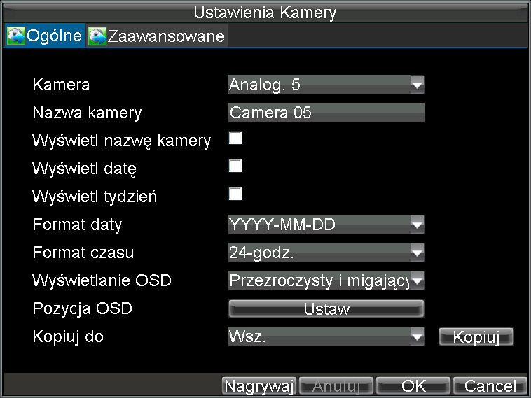 Obejmuje ona takie oznaczenia jak nazwa kamery, czas, data itp. W celu ustawienia sposobu wyświetlania należy: a) Z menu głównego wywołać pozycje Ustawienia -> Kamera.