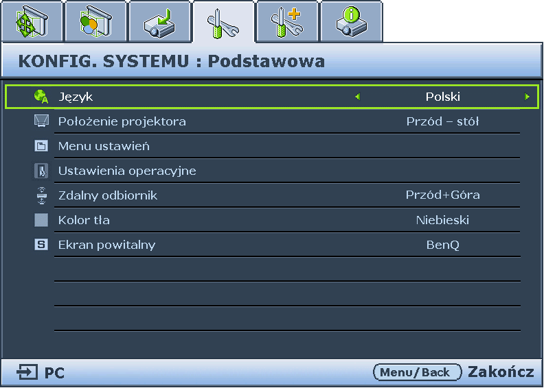 Używanie menu Projektor wyposażony jest w menu ekranowe (OSD) pozwalające na wybór różnych ustawień i konfiguracji. Poniżej przedstawiono menu w wersji angielskiej.