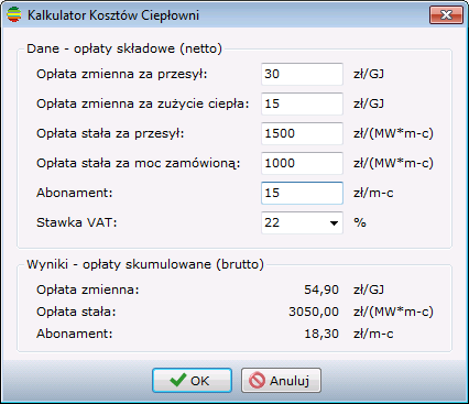 wymaga wprowadzenia odpowiednich danych: W przypadku ciepłowni określenie kosztów ciepła wymaga podania: kosztów zmiennych w zł/gj, kosztów stałych w zł/(mw*m-c) oraz abonamentu w zł/m-c.