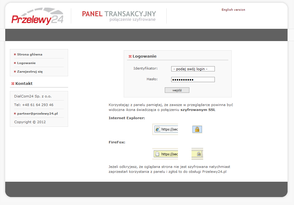 7. Zaloguj się w panelu administracyjnym Przelewy24 (https://secure.przelewy24.