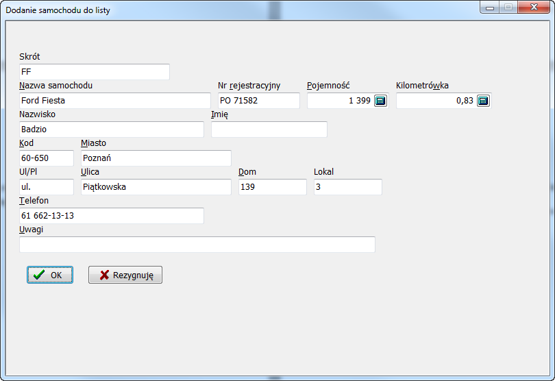 Rysunek 68 Dodawanie nowego samochodu Po wybraniu komendy Nowy należy wypełnić pola dialogu.