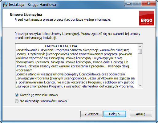 Rysunek 2 Okno akceptacji warunków licencji 4. W kolejnym kroku należy wybrać rodzaj instalacji.