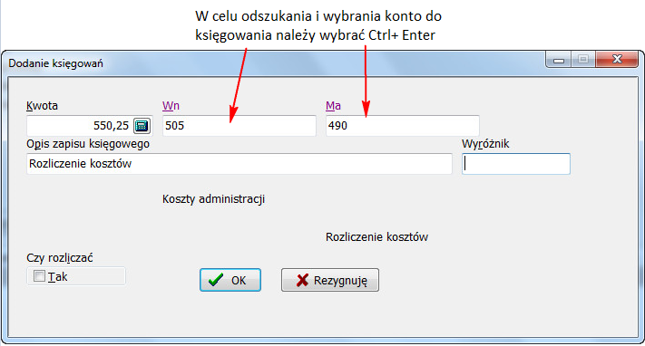 Księgujemy zapisy na kontach Wywołujemy komendę Nowy zapis i wypełniamy pola w wyświetlonym dialogu. Rysunek 14 Dialog zapisu na kontach. Podajemy księgowaną kwotę oraz konto lub konta księgowania.