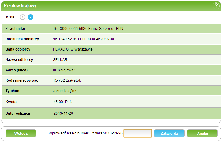 111/226211 4. PłatnościIndeks Wykonaj następujące czynności: W zależności od przypisanej metody autoryzacji operacji w plusbank24, wprowadź wymagane dane do zatwierdzenia operacji.