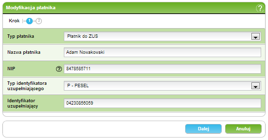 173/226211 4. PłatnościIndeks 4.6.4 Modyfikuj płatnika Ekran Modyfikuj płatnika umożliwia modyfikację danych płatnika.