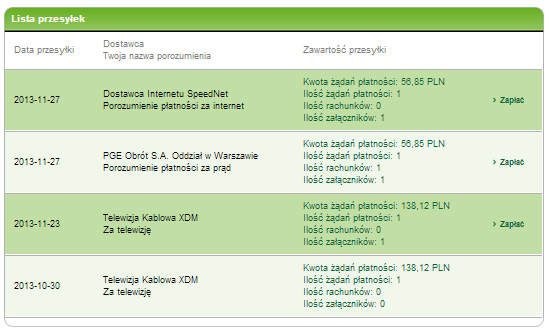 4. PłatnościIndeks 206/226227 Przesyłki mają jeden z następujących statusów: Zawiera płatności do obsłużenia w skład przesyłki wchodzą nieopłacone rachunki, Nie zawiera płatności do obsłużenia