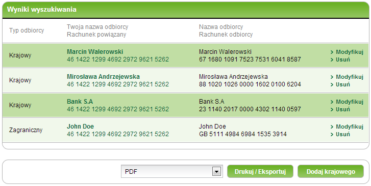 4. PłatnościIndeks 58/226227 Dla każdego zdefiniowanego odbiorcy prezentowane są: Twoja nazwa odbiorcy / Rachunek powiązany - zdefiniowana nazwa dla odbiorcy oraz numer rachunku, z którym powiązany