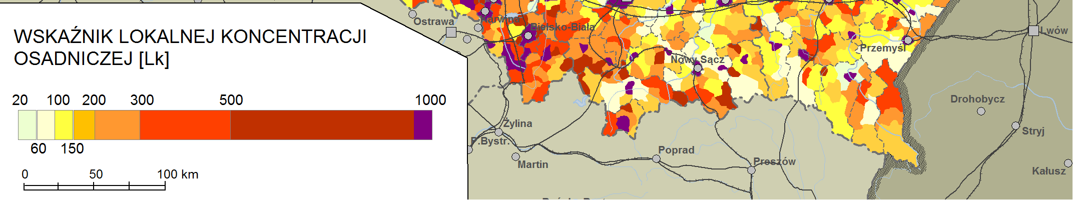 Ryc. 12.1. Wskaźnik lokalnej koncentracji osadniczej według gmin (2009). Obliczenia według bazy Miejscowości Banku Danych Lokalnych. A. Gęstość zaludnienia terenów osadniczych [L o ] B.