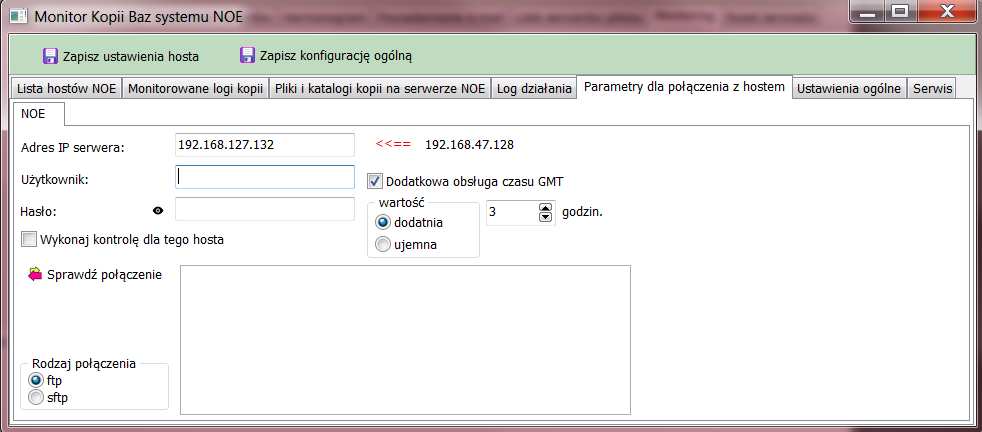 5. podania danych niezbędnych do połączenia protokołem FTP/SSH: h) adresu IP serwera, i) użytkownika i hasła dane zostaną zapisane w formie zaszyfrowanej, j) zaznaczenia opcji wykonaj kontrolę dla