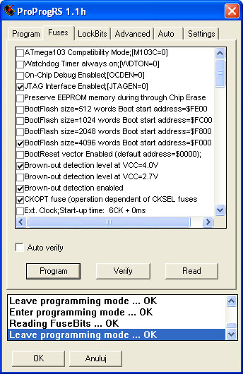 Figure 14. ProProgRS - Settings. W zakładce Fuses ustawiamy następujące bity: JTAG Interface Enabled [JTAGEN=0] BootFlasch size=4096 words Boot start address=$f000 Brown-out detection level at VCC=4.