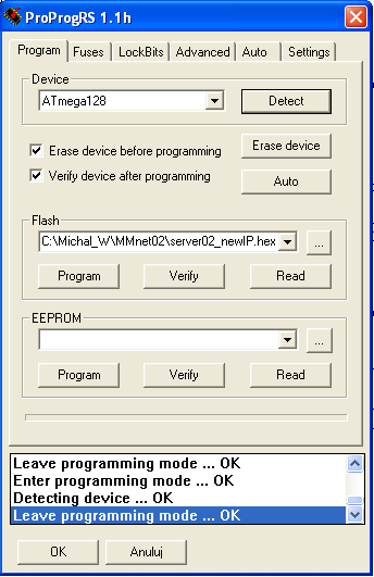 się komunikaty odnośnie poprawności wejścia i wyjścia ze stanu programowania, oraz poprawności wykrycia urządzenia. W polu Flash wpisujemy ścieżkę dostępu do źródłowego pliku w formacie HEX.