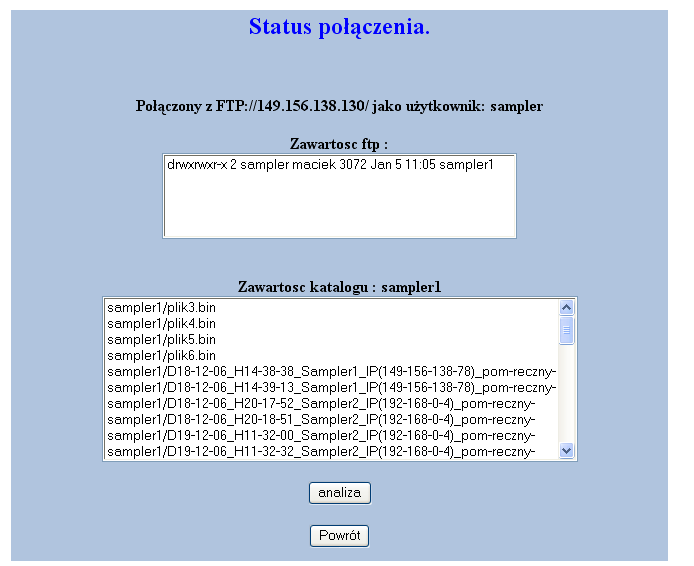 Tutaj również można zdefiniować dane serwera FTP, na który będzie można wysyłać dane pomiarowe. Należy uzupełnić wszystkie wolne pola poprzez wprowadzenie odpowiedniego adresu IP serwera FTP np. 149.