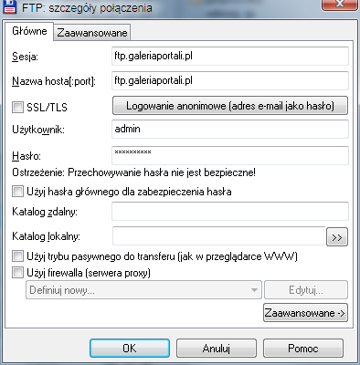 4. W polach Sesja oraz Nazwa hosta(:port): wpisz nazwę serwera np. ftp.galeriaportali.