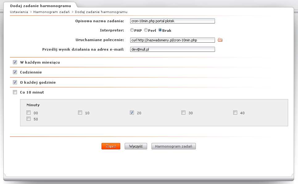 W tabeli minut zaznacz jedną z nich np. 20 (najlepiej dla każdego portalu inną). Na koniec kliknij przycisk Zapisz: 5. Zadanie zostanie dodane do listy: 6.