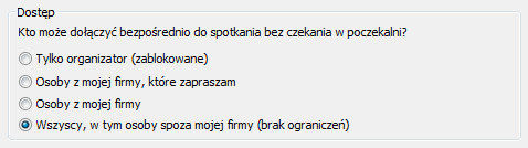 Dostosowanie opcji dostępu do spotkania Określ osoby, które mogą połączyć się ze spotkaniem bez oczekiwania w lobby.