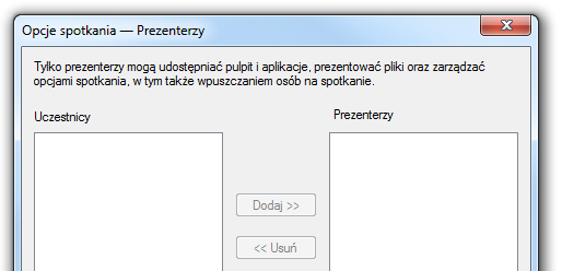 Dostosowanie opcji prezentera Domyślnie tylko prezenterzy i organizatorzy spotkania mogą udostępniać swój pulpit i aplikacje, dodawać pliki oraz zarządzać opcjami spotkania.