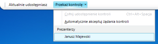 Przekazanie kontroli w czasie udostępniania Kiedy udostępniasz swój pulpit lub wybraną aplikację, możesz przekazać kontrolę nad nią innym uczestnikom spotkania.