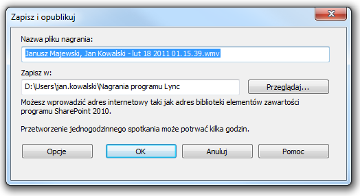 Udostępnianie nagrania Udostępnij nagranie innym: 1. Otwórz aplikację Microsoft Lync Menedżer nagrywania i kliknij zakładkę Nagrania Windows Media. 2.