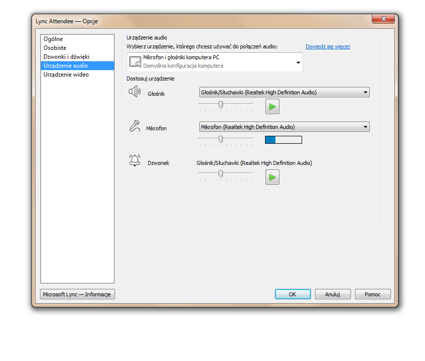 Opcje audio i wideo Aplikacja Lync Attendee automatycznie dostosowuje ustawienia urządzeń audio i wideo. Można je jednak zmienić: Aby sprawdzić lub zmienić ustawienia audio: 1.