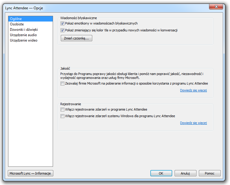 Inne opcje aplikacji Lync Attendee Możesz również zmodyfikować inne opcje aplikacji Lync Attendee. 1.