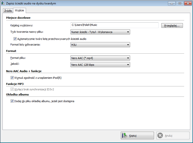 Płyty Audio CD i pliki audio 4.4.1.2 Zakładka Wyjście W zakładce Wyjście możesz określać właściwości plików audio, które mają być utworzone.