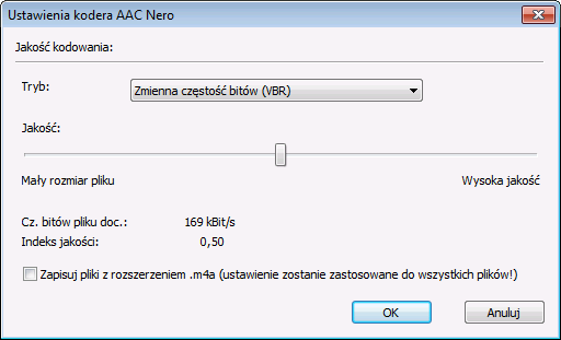 Płyty Audio CD i pliki audio 4.5.5 Opcje kodowania Nero AAC Nero Burning ROM może kodować pliki audio w formacie Nero AAC Audio.