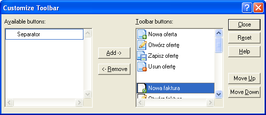 Aby usunąć przycisk z paska należy z listy Toolbar buttons wybrać przycisk do usunięcia a następnie użyć przycisku Remove.