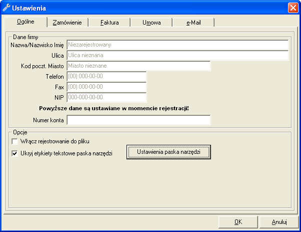 5.2 Ustawienia Ustawienia programu mają znaczący wpływ na działanie programu. Należy używać ich rozważnie. Ustawienia dotyczące firmy można zmieniać tylko w momencie rejestracji programu.