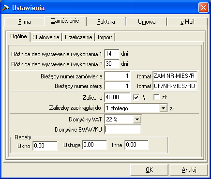 Zamówienie Ogólne Rysunek 5.3 Zakładka Zamówienie / Ogólne Różnica dat: wystawienia i wykonania 1 i 2 ustalają domyślny termin wykonania zlecenia.