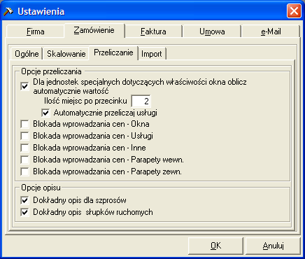 Wymiarowanie widoczne na formularzu zamówienia ustala, czy wymiarowanie ma być widoczne w programie na formularzu zamówienia.