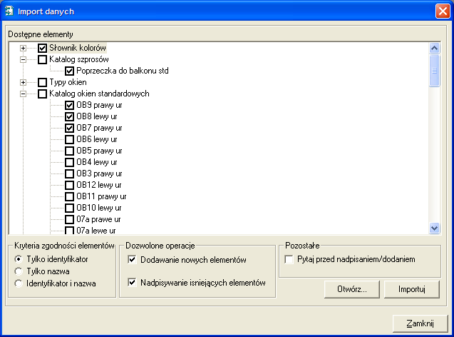 Kryteria zgodności elementów - aby zaimportować dane program badać będzie istniejące dane po to aby nie powielać elementów słowników czy katalogów.