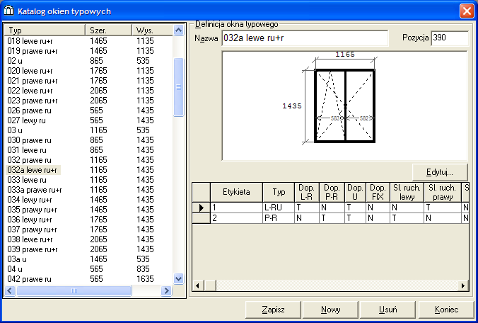 Rysunek 6.2 Formularz Katalog okien typowych Z listy okien wybierz pozycję którą chcesz zmienić. Możesz posortować listę aby szybciej wyszukać żądaną pozycję poprzez kliknięcie na nagłówku kolumny.