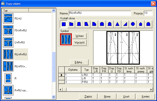 Rysunek 6.3 Formularz Typy okien Za pomocą tego formularza możesz definiować typy okien, używane w cennikach okien nietypowych.