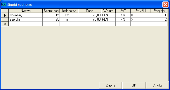 Rysunek 7.12 Formularz Cennik poprzeczek Edycja cennika identycznie jak w rozdziale 7.7 Cenniki szprosów 7.