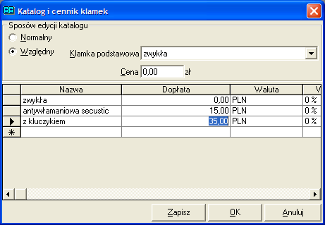 Rysunek 7.14 Formularz Cennik dodatków do okien Edycja cennika identycznie jak w rozdziale 7.7 Cenniki szprosów 7.11 Klamki Pozycja w menu: Cenniki Klamki Rysunek 7.