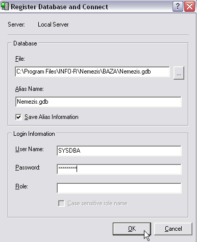 W polu File należy wpisać: - c:\program Files\Info-r\Nemezis\Baza\Nemezis.gdb dla bazy głównej programu - c:\program Files\Info-r\Nemezis\Baza\Dokument.