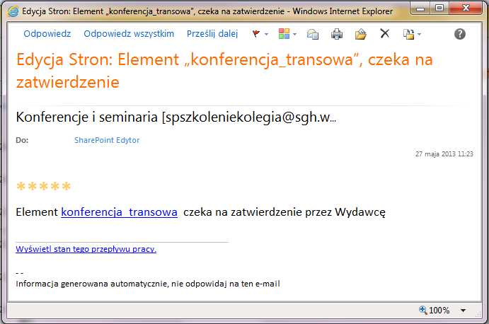 Rys. 27 Na liście stron w bibliotece stron Twojej witryny strona ta będzie miała stan zatwierdzania: OCZEKUJĄCY (Rys. 28).