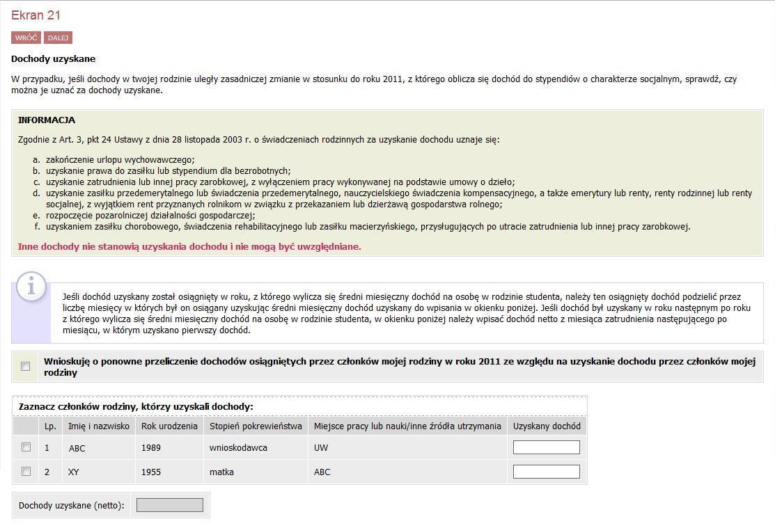 Ekran 21 Tu uzupełniasz informacje o dochodach uzyskanych.