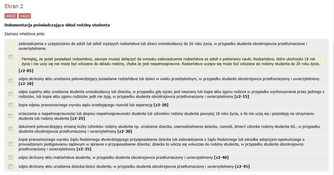 Ekran 2 Na podstawie tego, jakich członków rodziny dodałeś w Ekranie 1 zaznacz teraz te dokumenty, które musisz dołączyć do Oświadczenia o dochodach (np.