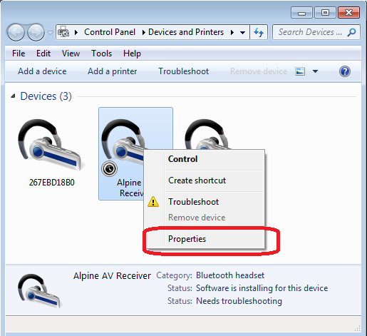 2. Przeprowadzenie parowania Bluetooth pomiędzy komputerem PC a radiem 3. Wybierz urządzenie "Alpine AV Receiver", a następnie kliknij "Next" 4.