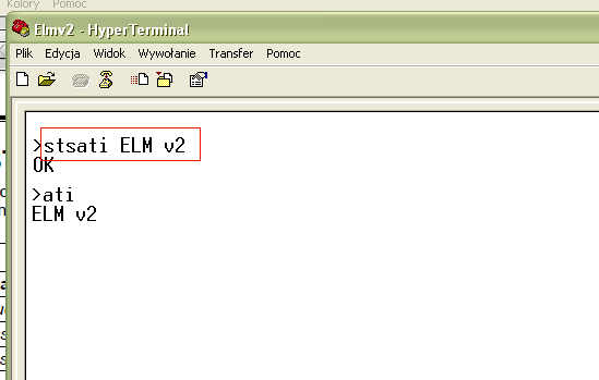 10. Zmiana nazwy interfejsu w Hyper Terminalu (tylko użytkownicy zaawansowani, programiści) Do zmiany nazwy służy komenda stsati W przykładzie poniżej chcemy zmienić nazwę na ELM v2, w tym celu