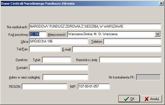 W karcie można poprawiać lub uzupełniać następujące dane: Oddział Funduszu, Na wydrukach, Kod pocztowy, Miejscowość, Ulica, Telefon, Fax, E-mail, Imię, nazwisko, tytuł naukowy oraz dane kontaktowe