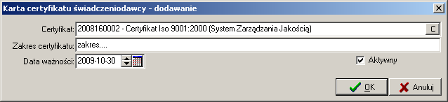 Rysunek 46 Zakładka Certyfikaty Przyciski znajdujące się z prawej strony listy pozwalają na wykonanie następujących operacji: - dodanie certyfikatu do listy, - poprawienie certyfikatu już